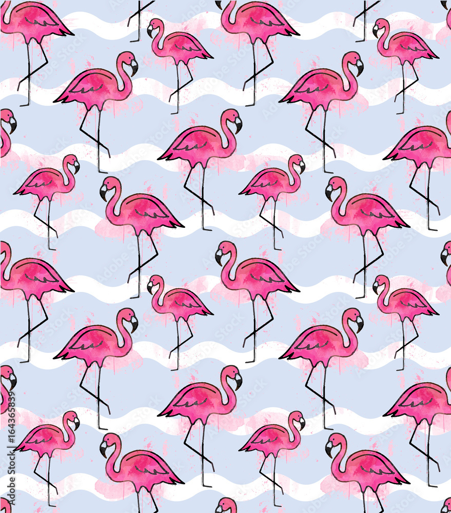 Naklejka premium Pink flamingo watercolor pattern