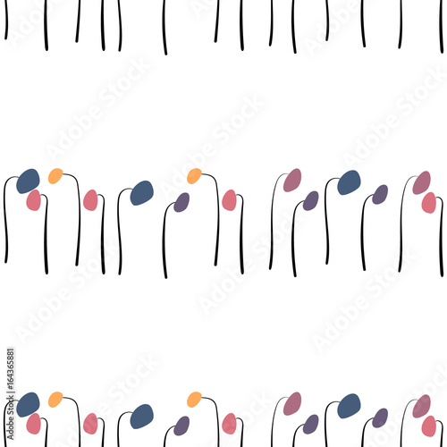 Seamless vector pattern with simple abstract-shaped colorful flowers in rows, on white background