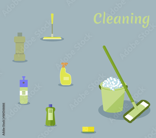 Tools for housekeeping: a green bucket with soapy foam, MOP with handle and cloth, bottles of detergent with covers, sprays and a yellow sponge, a squeegee. Vector illustration. Cleaning 
