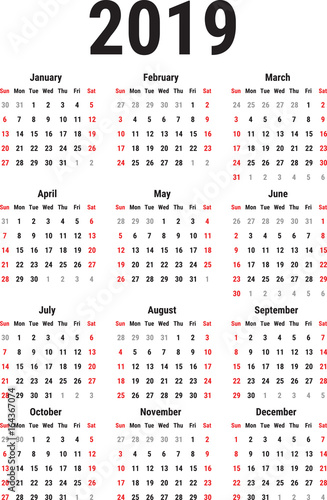 Calendar of 2019