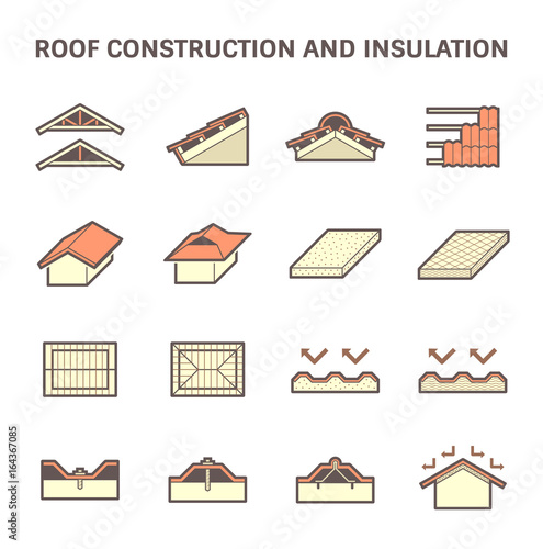 Roof construction and insulation material for building vector icon set.
