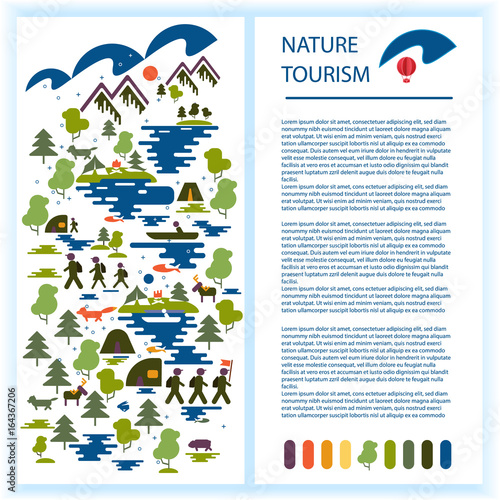 Layout of tourist booklet or advertisement. Images of tourists, forest, mountains, lake, fishing, wild animals. Ecological tourism. Vector image