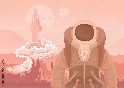 Astronaut on Mars or another planet. A rocket blasting off. Space travel. Vector illustration.