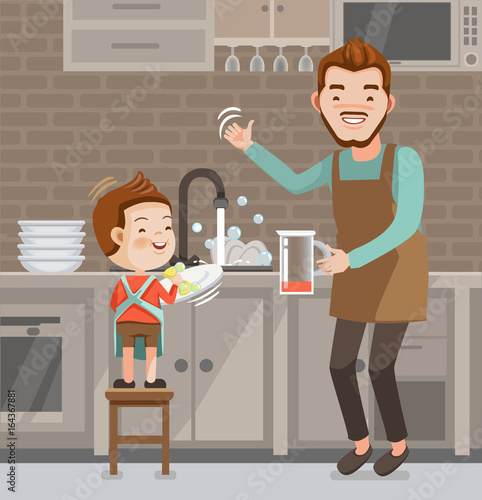  little cute boy washing dishes. Father and son together with  helping.Put on the apron.Family lifestyle concept Characters cartoon isolated On the kitchen background.illustration vector.



