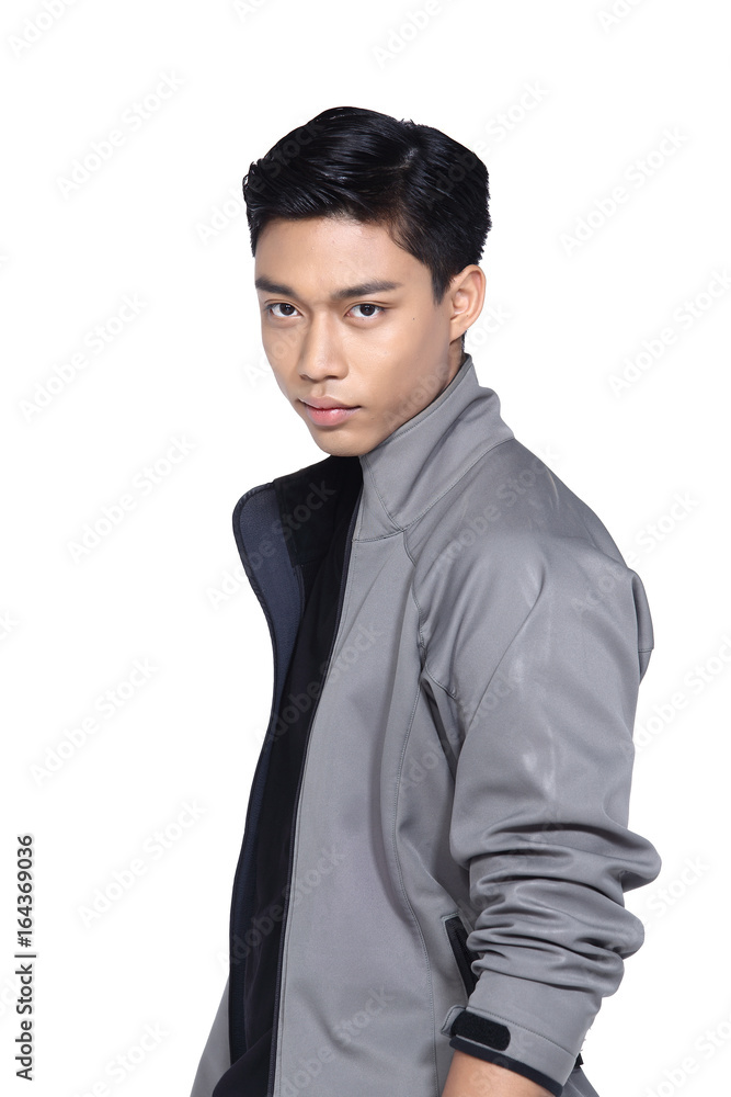 Tan Skin Asian Black Hair Handsome Muscle Good Looking Man In Black Vest Military Green Pant Jean Grey Jacket Half Body Portrait Pose In Studio Lighting White Background Stock Photo Adobe