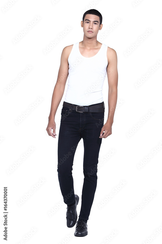 Tan Skin Asian skin head, handsom muscle good looking man in gray vest black pant jean, stand pose in studio lighting white background, walk Tan Skin Asian skin head, handsom muscle good looking man in gray vest black pant jean, stand pose in studio lighting white background, walk