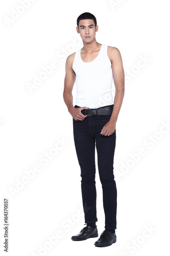 Tan Skin Asian skin head, handsom muscle good looking man in gray vest black pant jean, stand pose in studio lighting white background, hand in pants pocket