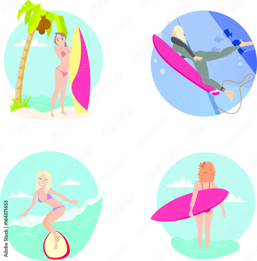 Surfing girl cartoon flat set vector illustration