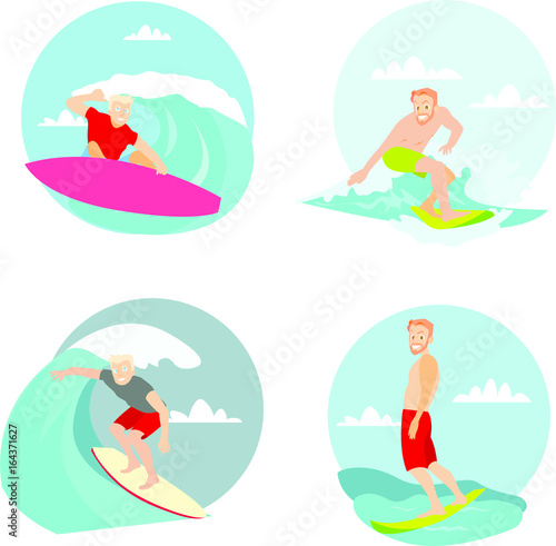 Surfing man flat cartoon vector illustration