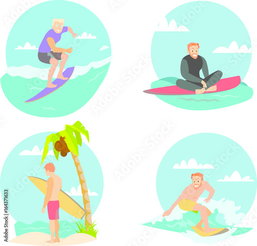 Surfing man flat cartoon vector illustration