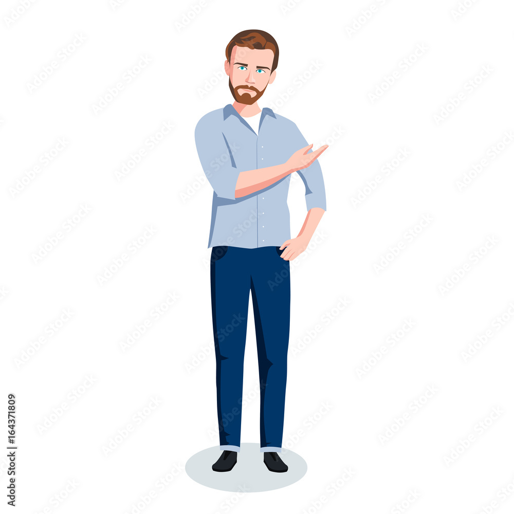 Handsome man beard face pointing hand in jeans vector illustration Handsome man beard face pointing hand in jeans vector illustration