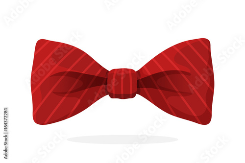 Red bow tie with print in diagonal stripes. Vector illustration in cartoon style. Vintage elegant bowtie. Men's clothing accessories.