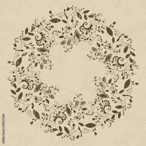 Grunge textured floral frame in doodle style