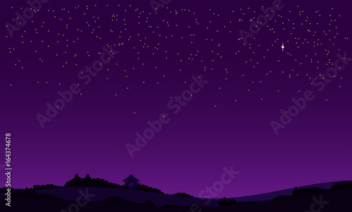 purple sky full of stars, nature background. flat landscape.