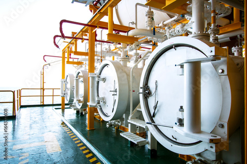 Offshore construction platform for production oil and gas, Oil and gas industry and hard work, Production platform and operation process by manual and auto function,