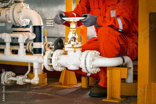 Technician,Hand of technician during open or close manual ball valve for control process in oil and gas flatform offshore