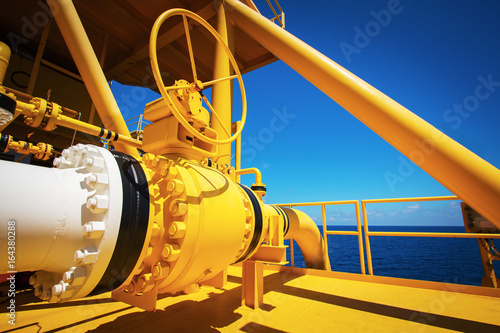 Manual operate ball valve at offshore oil and gas central processing platform, manual valve