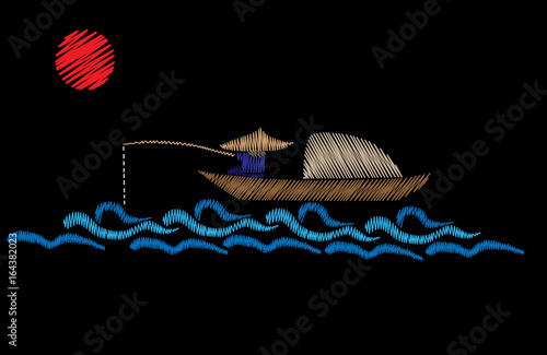 A fisherman is in a boat fishes with red sun embroidery stitches imitation