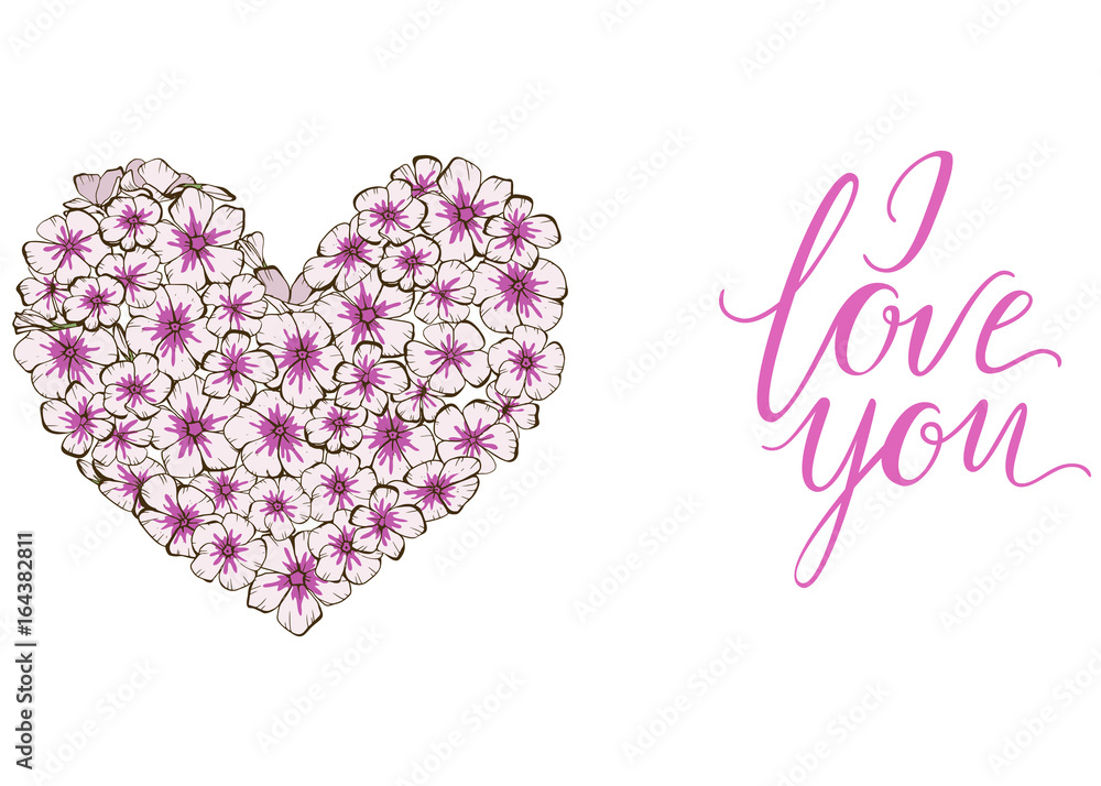 Heart of violets flowers lettering I LOVE YOU isolated on white background. Vector illustration.