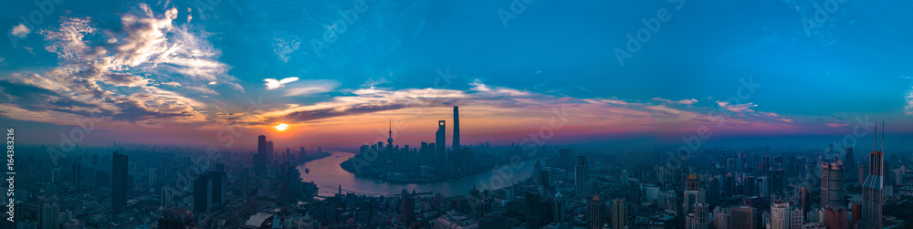 Panorama of sunset with Shanghai city view.