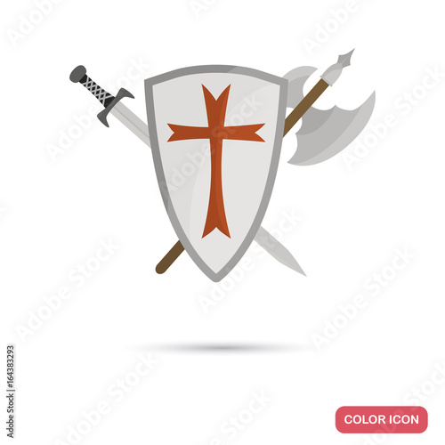 The shield and weapon of the knight of the crusade color flat icon for web and mobile design