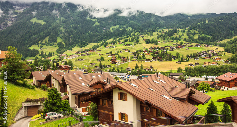 Beautiful Panoramic View of Grindelwald scenery and landscape, Bern Canton, Switzerland, Europe.