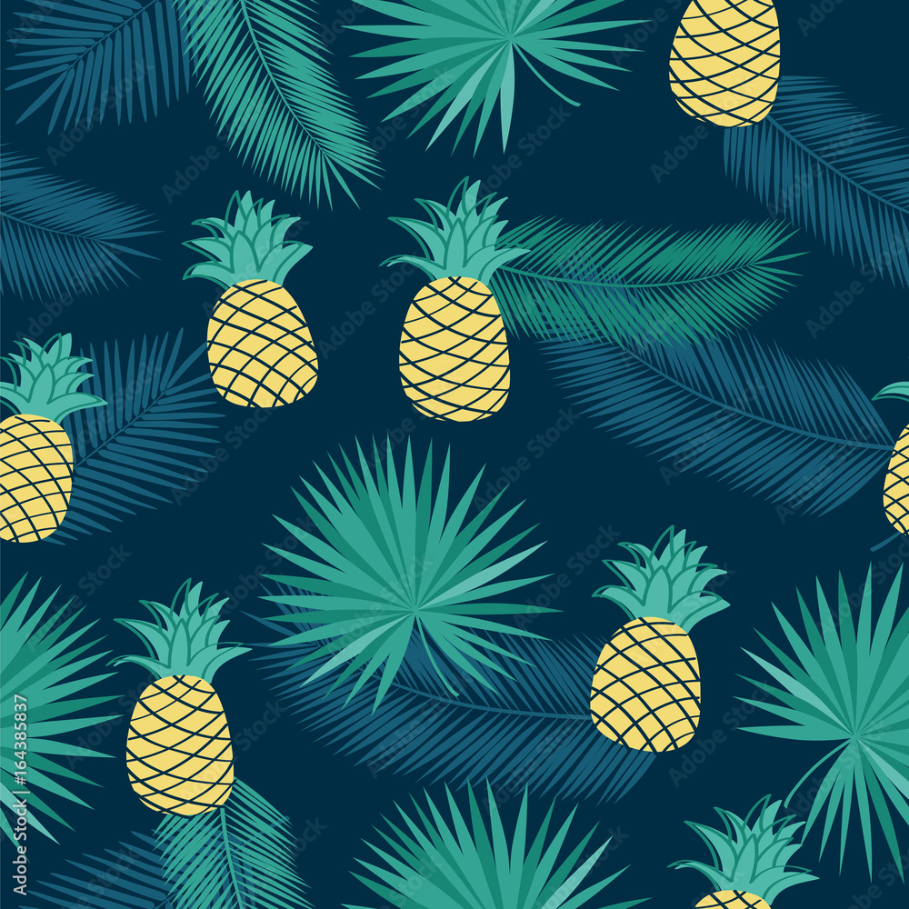 Seamless pattern with tropical leaves and pineapples for textile, wallpapers, gift wrap, covers and scrapbook. Dark background. Vector illustration. Seamless pattern with tropical leaves and pineapples for textile, wallpapers, gift wrap, covers and scrapbook. Dark background. Vector illustration.