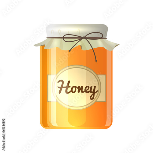 Colorful cartoon illustration of honey pot, organic nature product. Vector