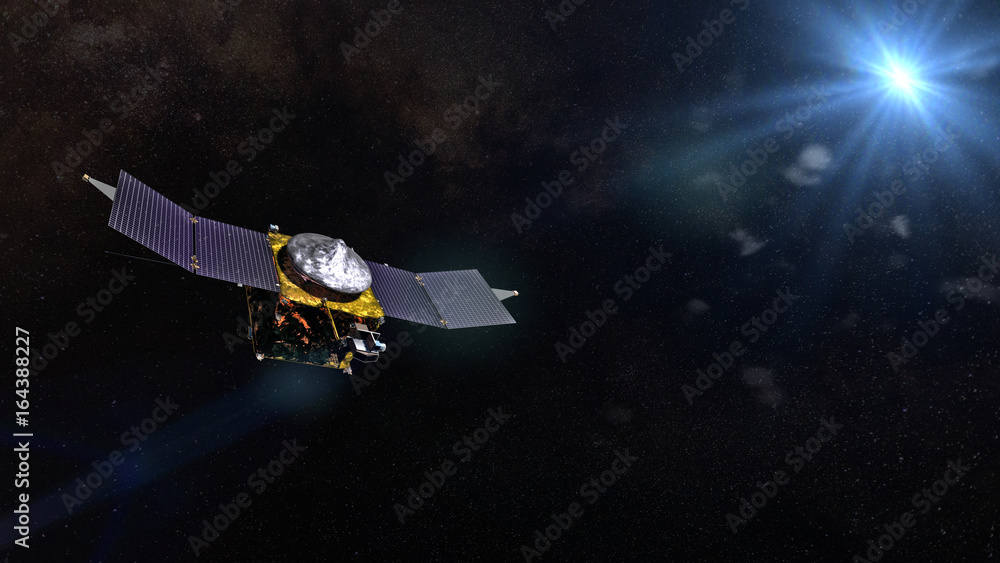 3d render of the MAVEN space probe in front of the Sun - obrazy, fototapety, plakaty 