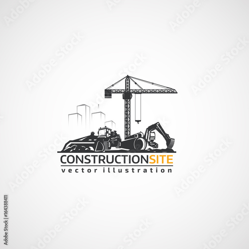 Construction Site  Tractor  Excavator and Buildings Crane.