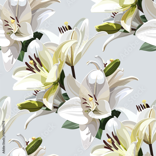 White Flowers of Lily (Madonna Lily). Seamless floral pattern on light background.