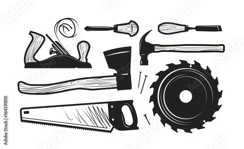 Carpentry, joinery icons. Set of tools such as axe, hacksaw, hammer, planer, disc circular saw, cutters. Vector illustration