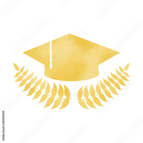 Golden graduation cap with laurel wreath vector illustration on white background.