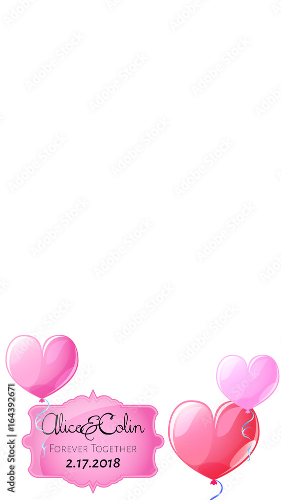 Smartphone photo frame. Pink heart air balloon ornament. Snapchat wedding geofilter.