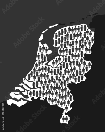 Map of Netherlands with symbols of man. Human overpopulation in Holland - crowded area, uncontrolled birth rate, overcrowded population and demographic increase of inhabitation