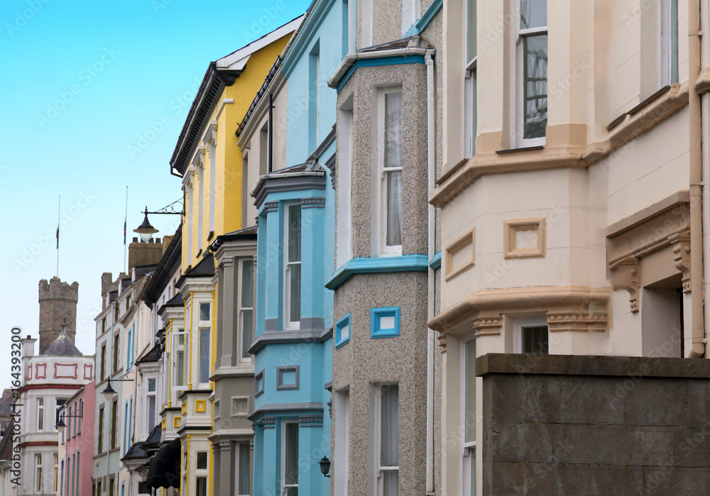 Panorama of colorful townhouses in Caernarfon, Wales.