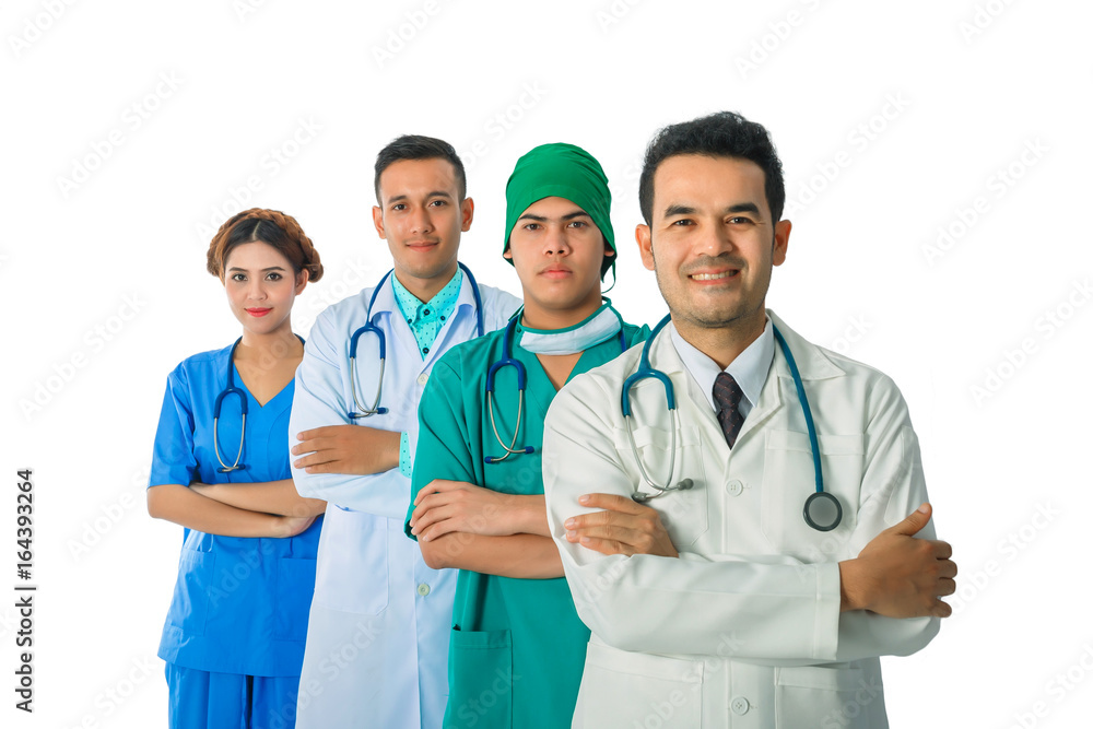 Doctors and nurses arms crossed together at hospital is professional, Leader of teamwork togetherness unity variation support concept, isolated on white background. Doctors and nurses arms crossed together at hospital is professional, Leader of teamwork togetherness unity variation support concept, isolated on white background.