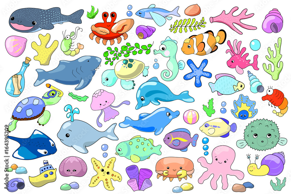 Sea animal and fish cartoon vector illustration. Marine animals clipart.  Stock Vector | Adobe Stock