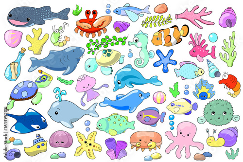 Sea animal and fish cartoon vector illustration. Marine animals clipart.