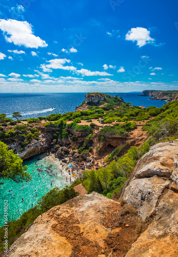 Island scenery, stunning beach of Cala des Moro, Majorca Spain, beautiful coast Mediterranean Sea