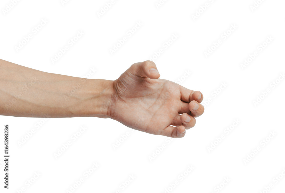 Man hand holding something isolated on a white background.