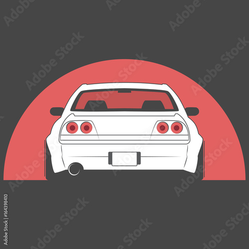 Vector sport japan car on red sun background. Car sketch. Back view.