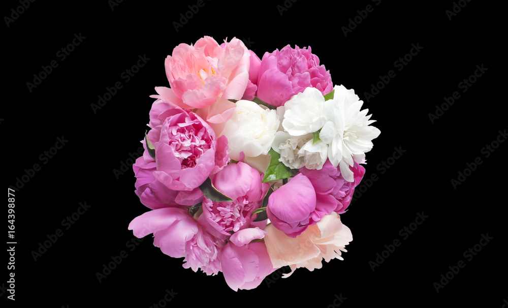 Naklejka premium Bouquet peony flowers pink and red isolated on black background.