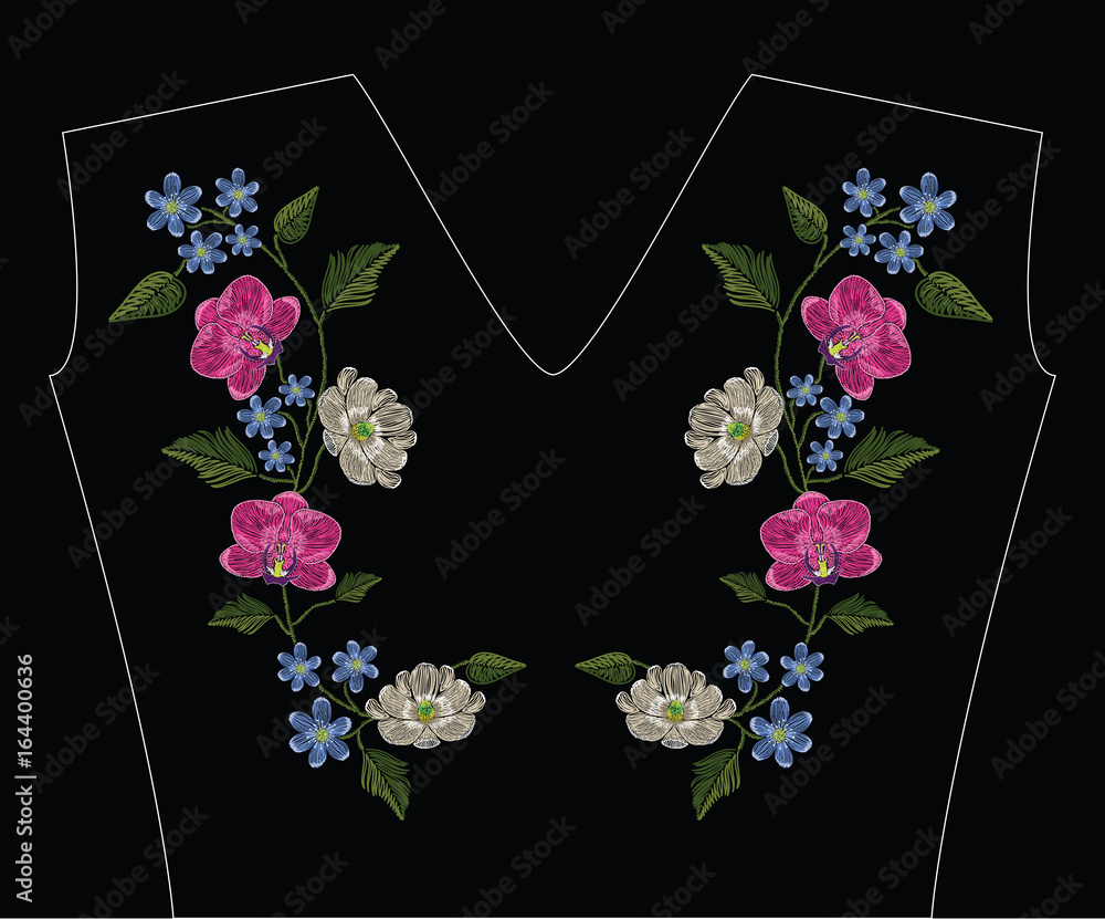 Fototapeta premium Embroidery stitches with orchid, magnolia and hepatica flower. Decoupage. Vector fashion ornament on black background for traditional floral decoration. Pattern for textile and fabrics.