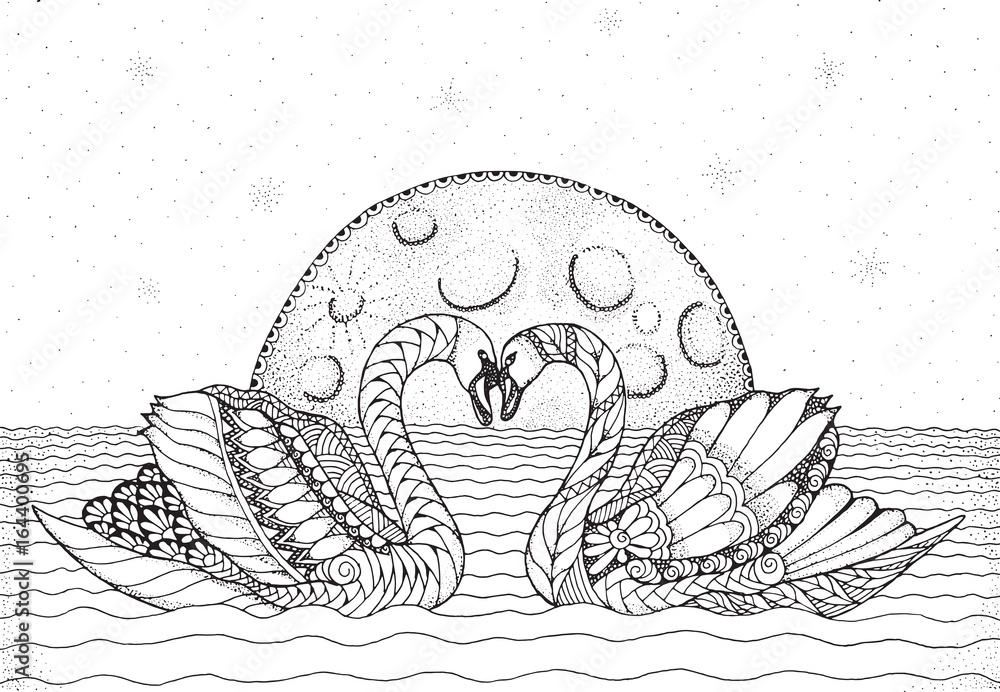 Fototapeta premium Two swans on water with moon and stars in background. Zentangle and stippled stylized vector illustration. Zen art. Adult anti-stress coloring book.