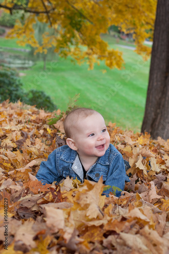 Little baby girl smiling  playing in the fallen leaves in autumn.