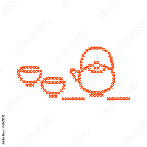 Cute vector illustration cross embroidery of teapot with two cups.