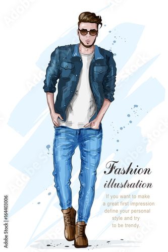 Stylish handsome man in fashion clothes. Fashion man. Hand drawn male model. Sketch. Vector illustration.