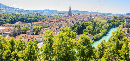 Panorama view of Berne old town from mountain top in rose garden, rosengarten, Berne Canton, Capital of Switzerland, Europe. photo
