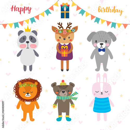 Birthday greeting card with funny cartoon animals. Cute background